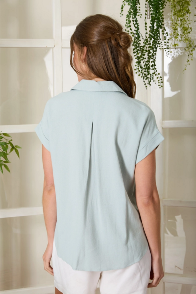 Blu Pepper Split Neck Cuff Sleeve Linen Blend Top