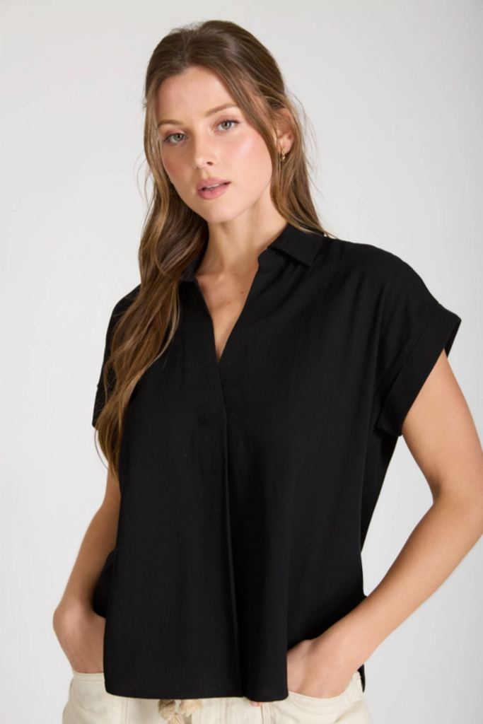 Blu Pepper Split Neck Cuff Sleeve Linen Blend Top