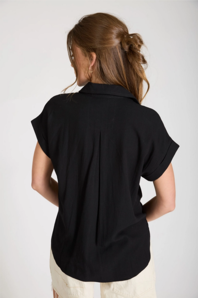 Blu Pepper Split Neck Cuff Sleeve Linen Blend Top