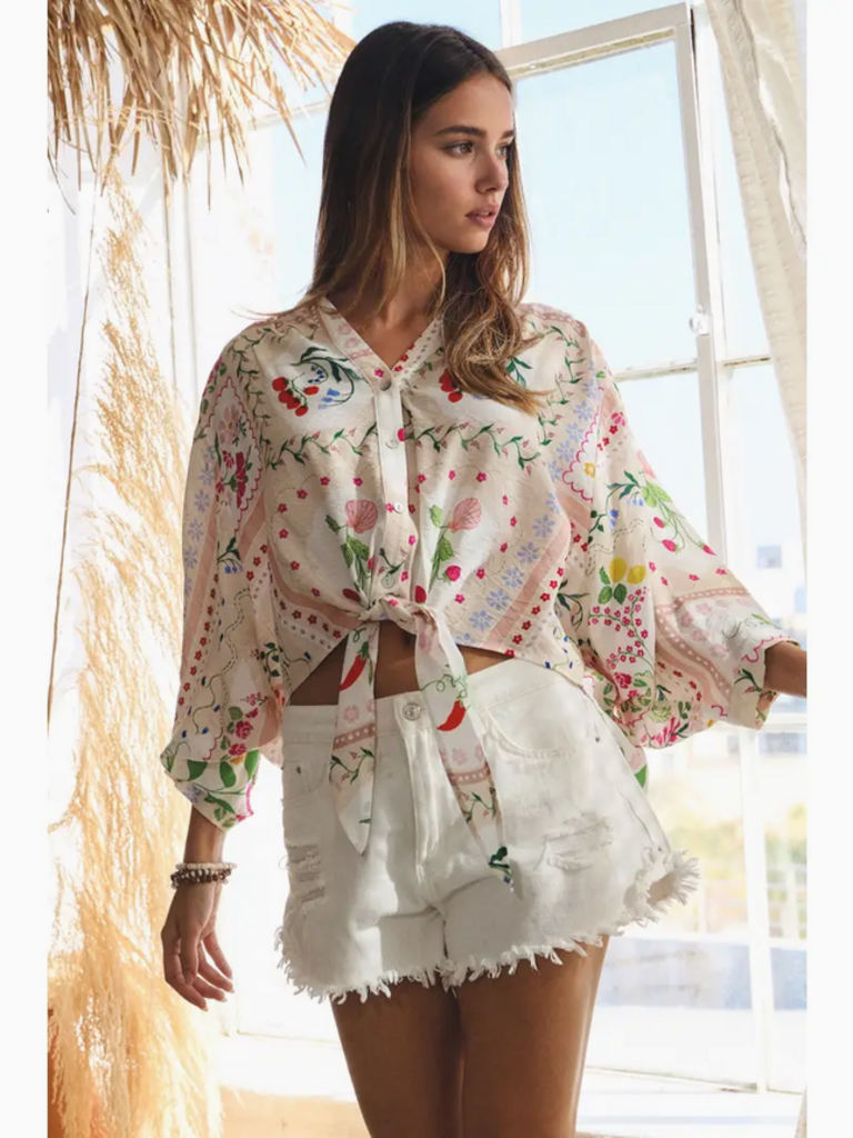 Oddi Cottage Garden Print Tie Front Batwing Blouse