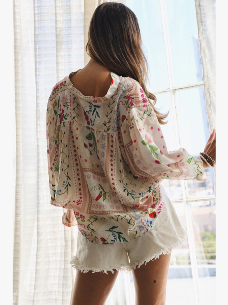 Oddi Cottage Garden Print Tie Front Batwing Blouse