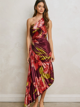 Dress Forum Floral One-Shoulder Pleated Asymmetrical Maxi Dress