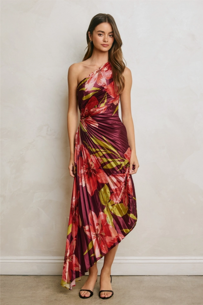 Dress Forum Floral One-Shoulder Pleated Asymmetrical Maxi Dress