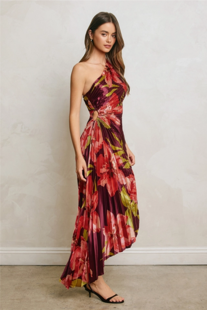 Dress Forum Floral One-Shoulder Pleated Asymmetrical Maxi Dress