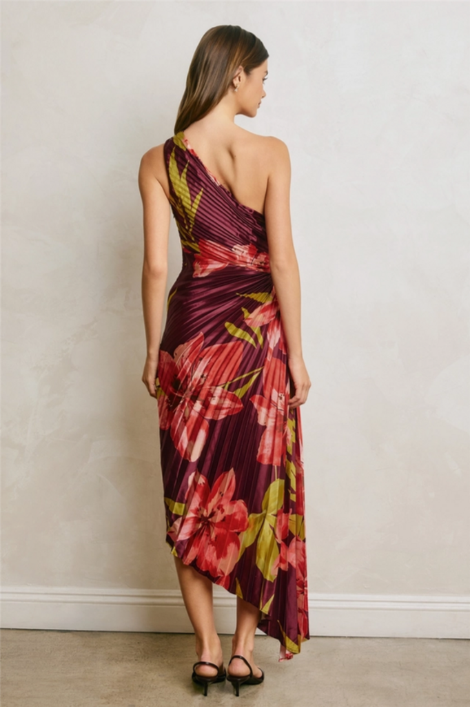 Dress Forum Floral One-Shoulder Pleated Asymmetrical Maxi Dress