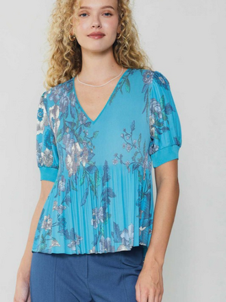 Current Air Floral Print V-Neck Pleated Top