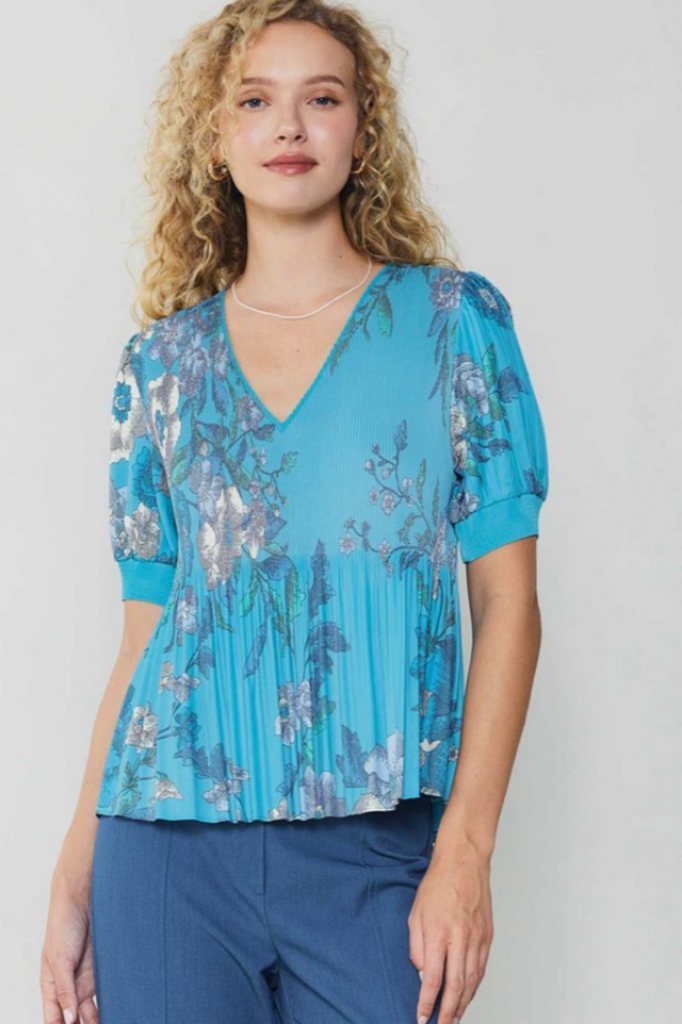 Current Air Floral Print V-Neck Pleated Top