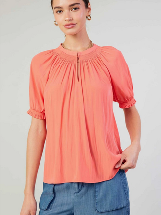 Current Air Current Air Short-Sleeve Keyhole-Neck Blouse in Coral