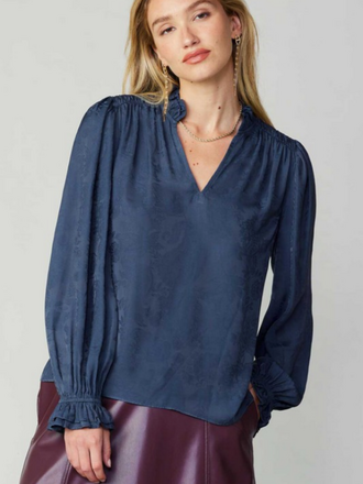 Current Air Current Air Ruffle Detail on Cuffs & Collar Blouse in Navy