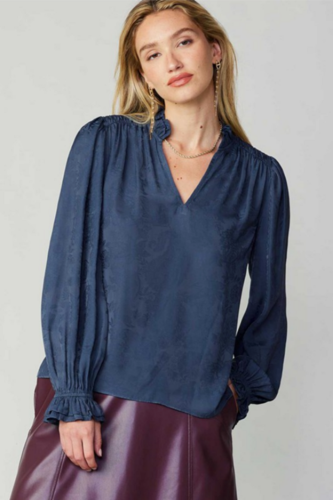 Current Air Current Air Ruffle Detail on Cuffs & Collar Blouse in Navy