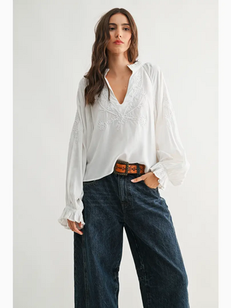 Camellia Embroidered White Peasant Blouse