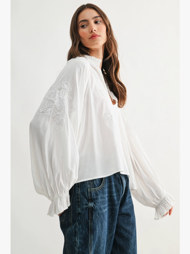 Camellia Embroidered White Peasant Blouse