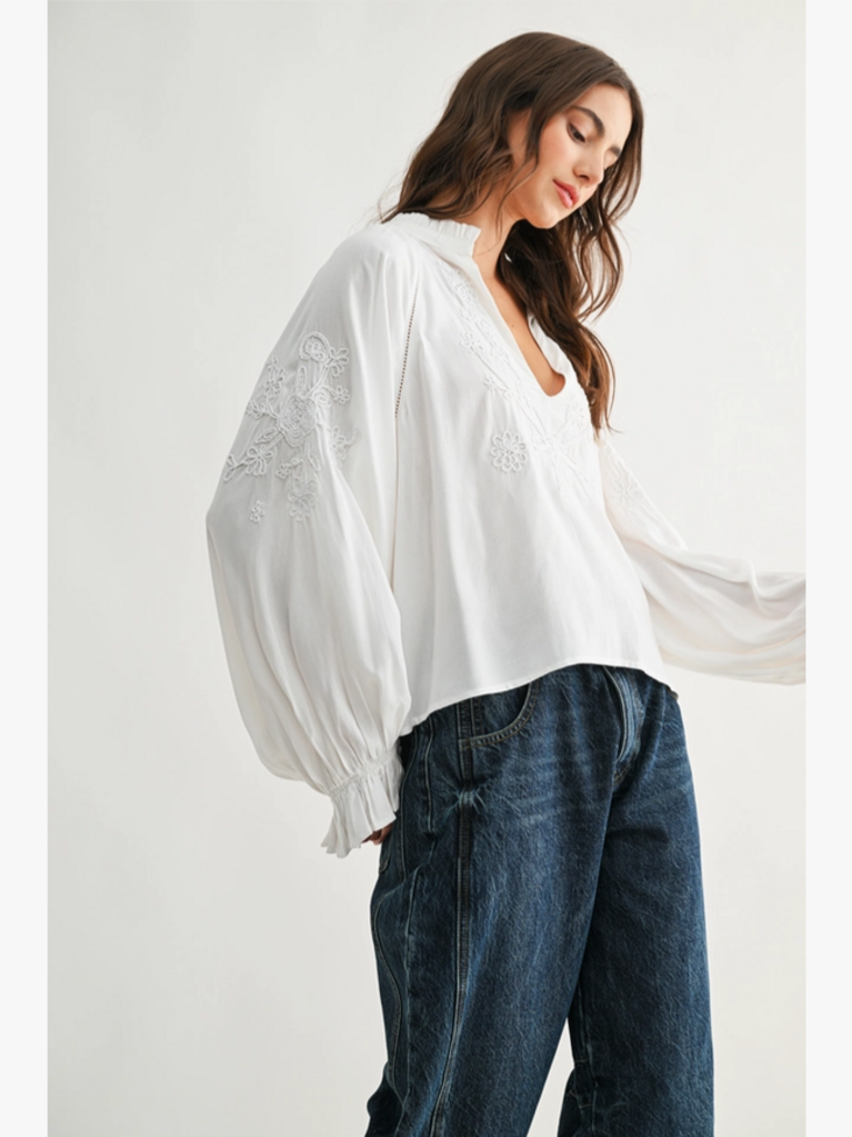 Camellia Embroidered White Peasant Blouse