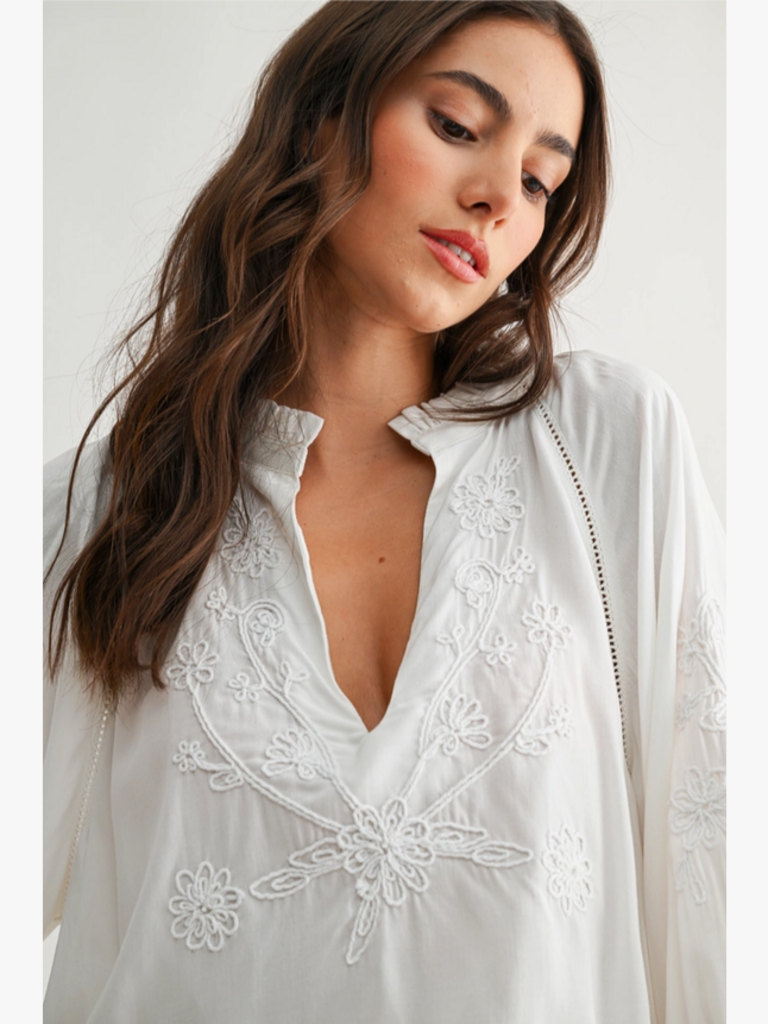Camellia Embroidered White Peasant Blouse