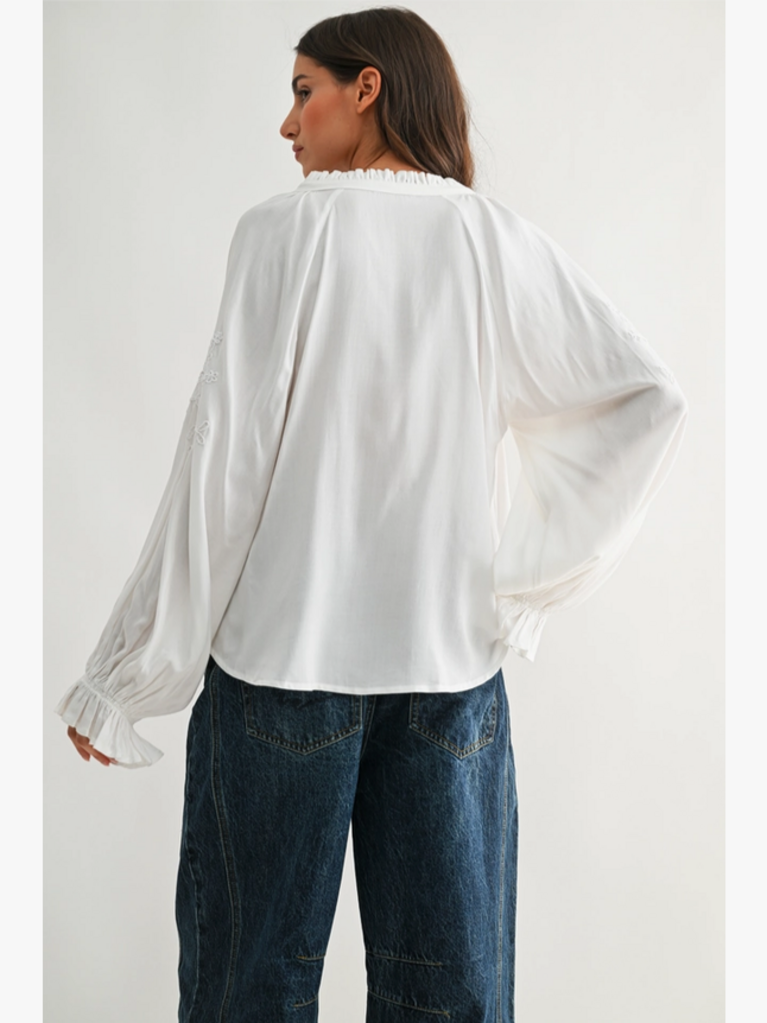 Camellia Embroidered White Peasant Blouse