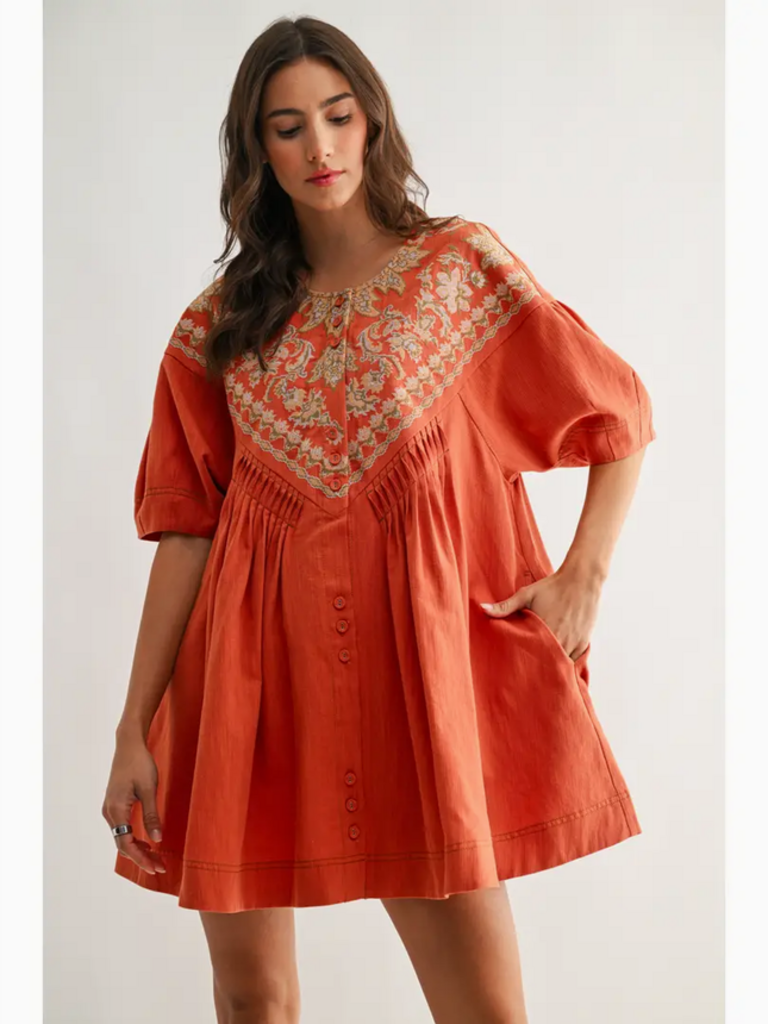 Camellia Embroidered Linen Tunic Dress