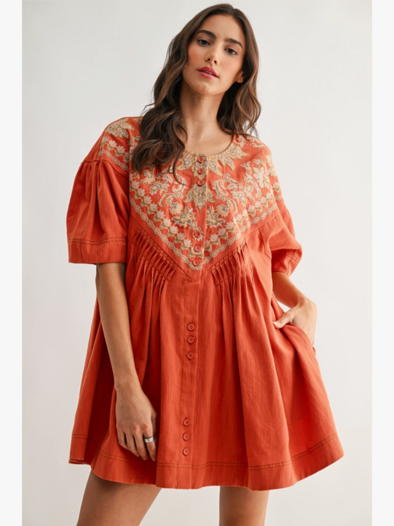 Camellia Embroidered Linen Tunic Dress