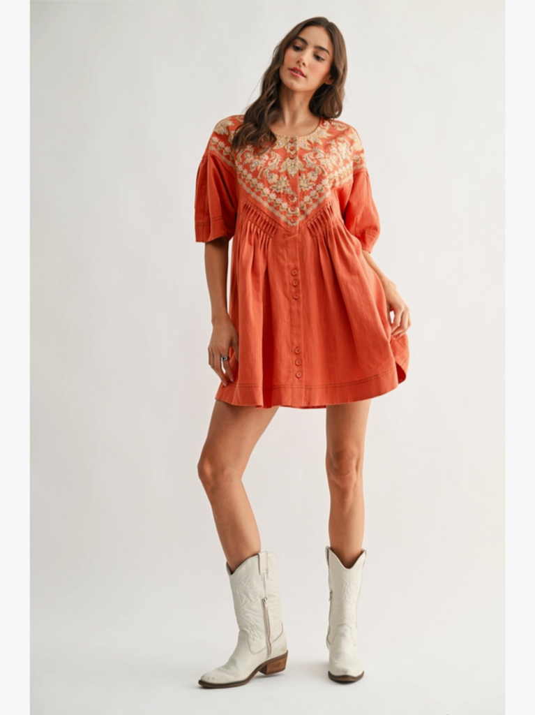 Camellia Embroidered Linen Tunic Dress
