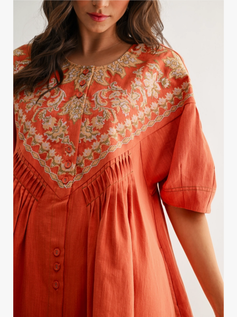 Camellia Embroidered Linen Tunic Dress
