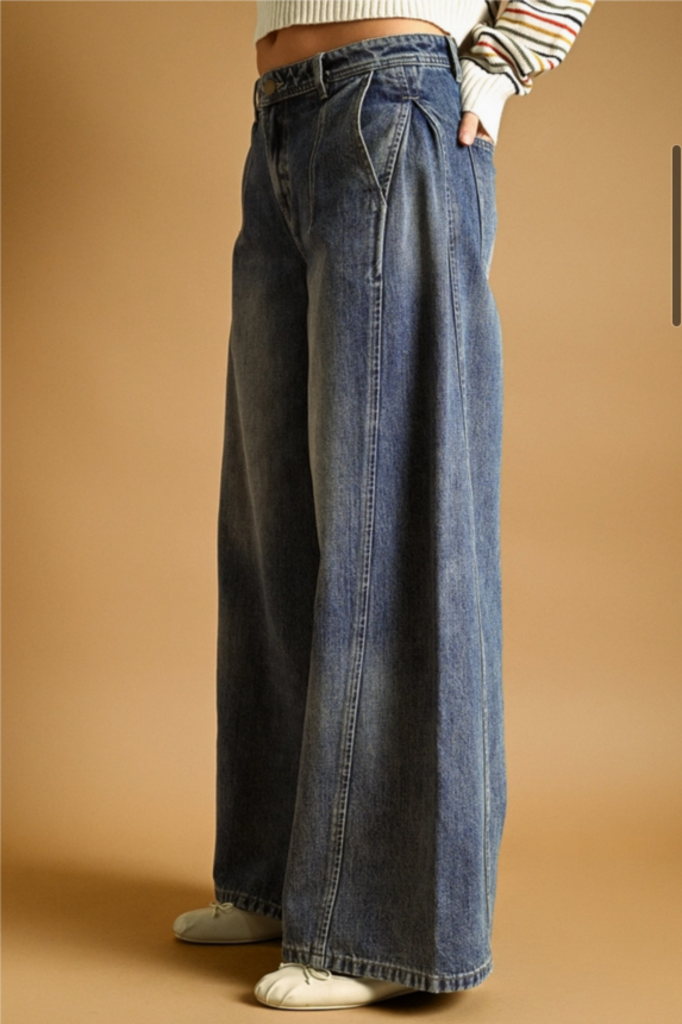 Miou Muse Wide Leg Jeans with Side Pleats