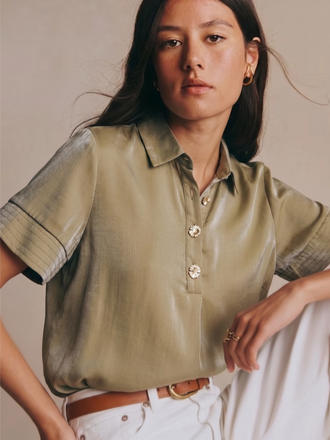 Glam Satin Short Sleeve Shirt Top in Olive