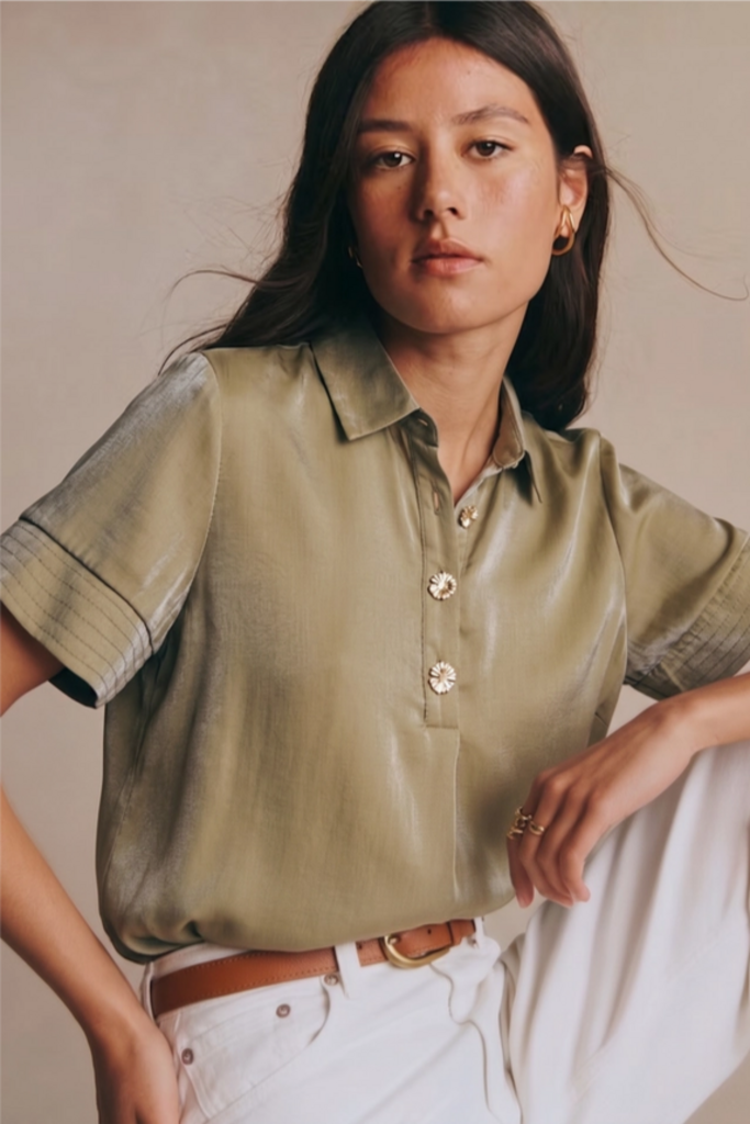 Glam Satin Short Sleeve Shirt Top in Olive
