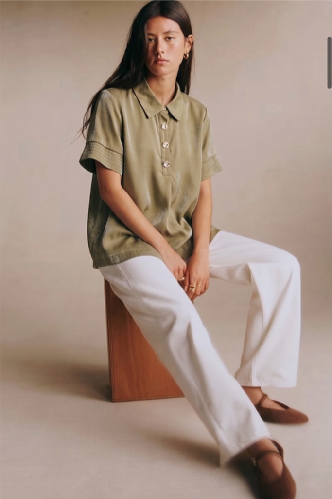Glam Satin Short Sleeve Shirt Top in Olive