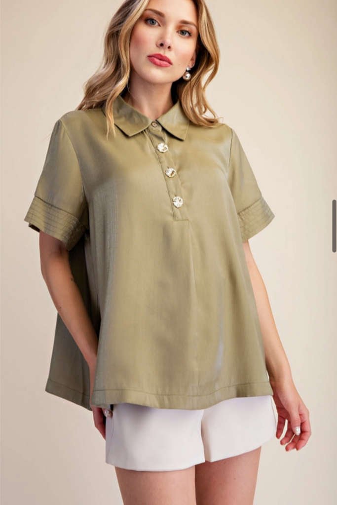Glam Satin Short Sleeve Shirt Top in Olive