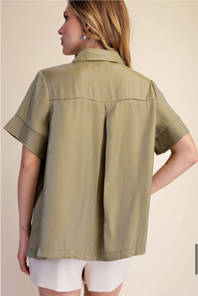 Glam Satin Short Sleeve Shirt Top in Olive