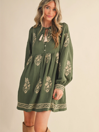 & Merci Embroidered Long Puff Sleeve Mini Dress