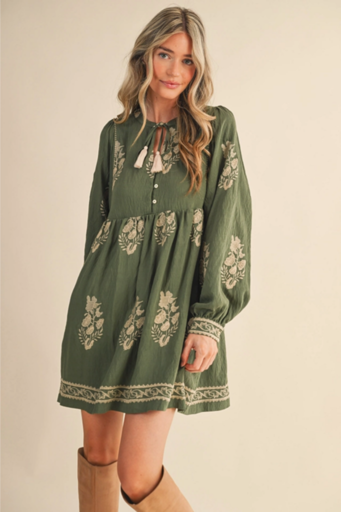 & Merci Embroidered Long Puff Sleeve Mini Dress
