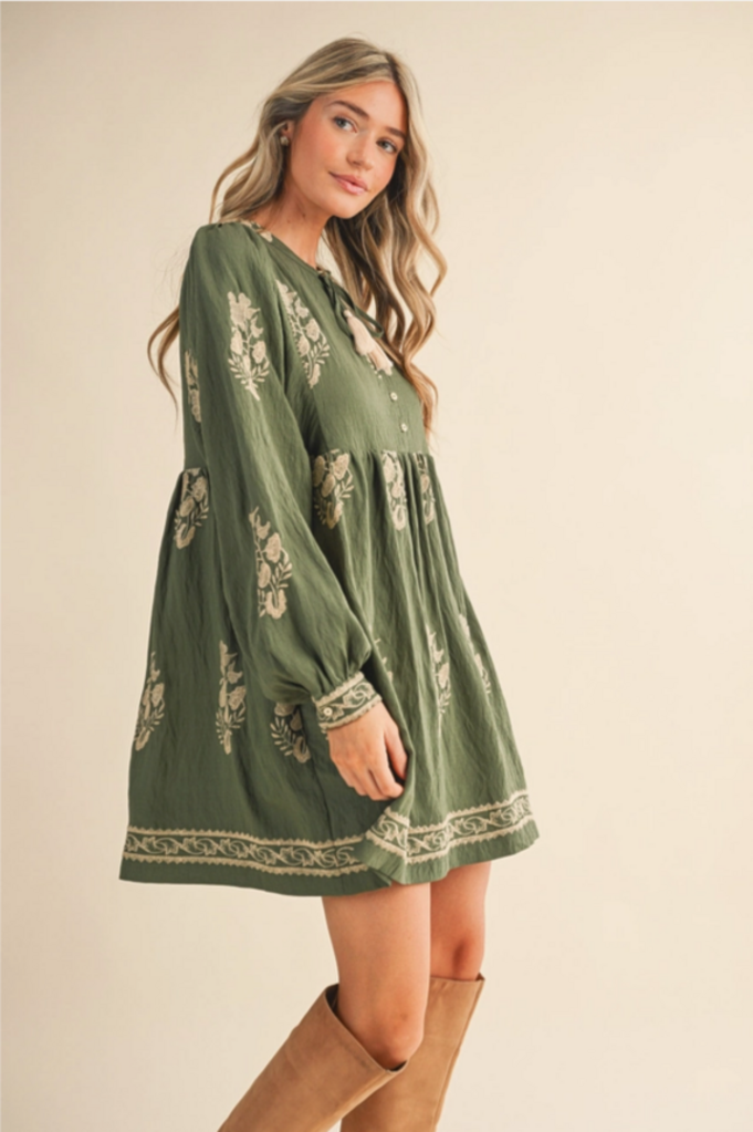 & Merci Embroidered Long Puff Sleeve Mini Dress