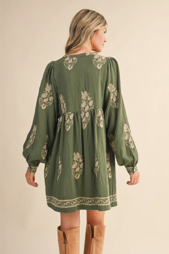 & Merci Embroidered Long Puff Sleeve Mini Dress