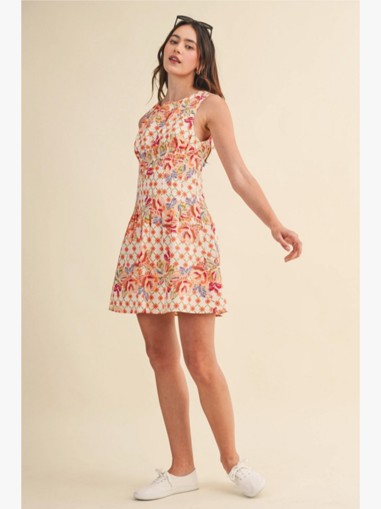 & Merci Floral Print Pleated Waist Mini Dress