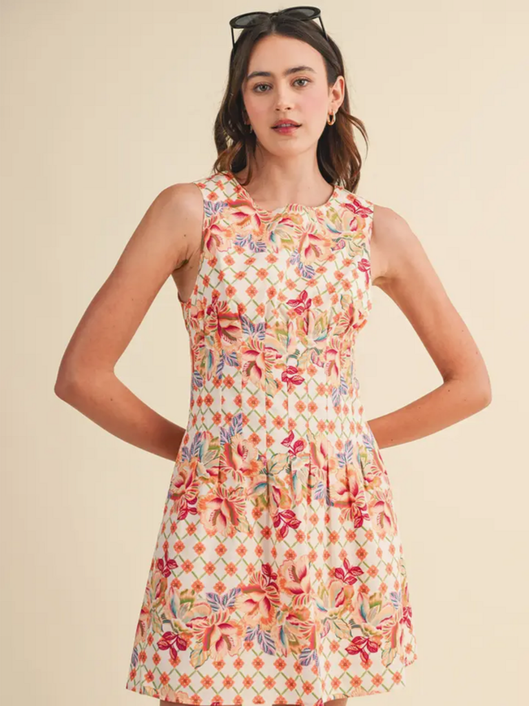 & Merci Floral Print Pleated Waist Mini Dress