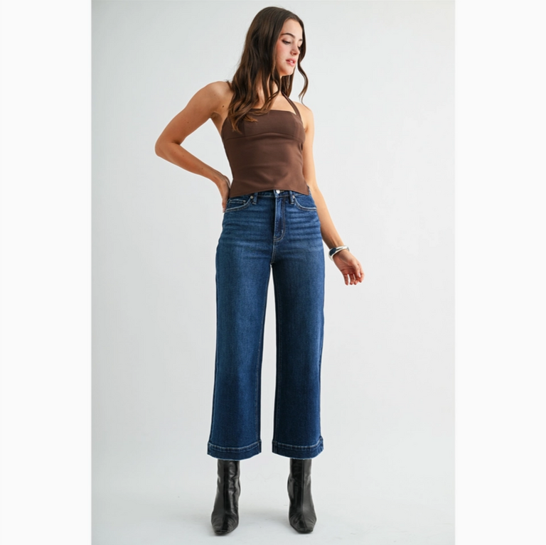 Mica Denim High-Rise Wide Crop Trouser Hem Jeans in Firefly