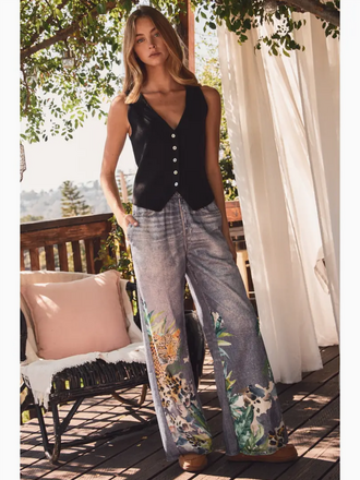Oddi Denim-Look Tropical Print Wide Leg Pants