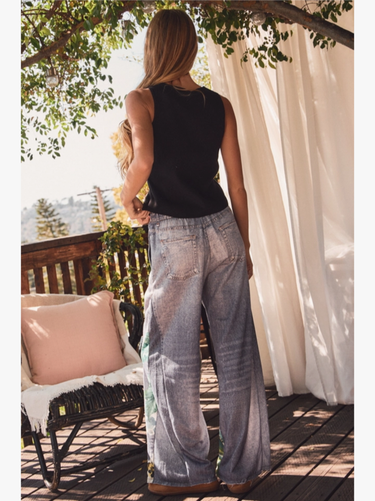 Oddi Denim-Look Tropical Print Wide Leg Pants