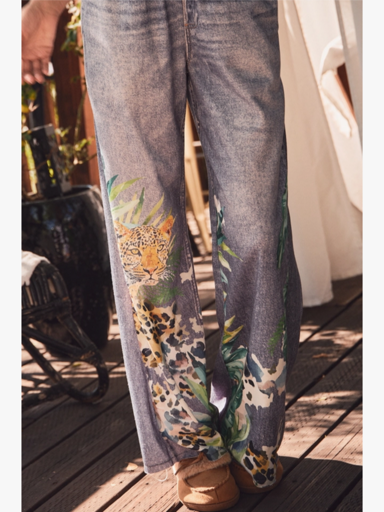 Oddi Denim-Look Tropical Print Wide Leg Pants