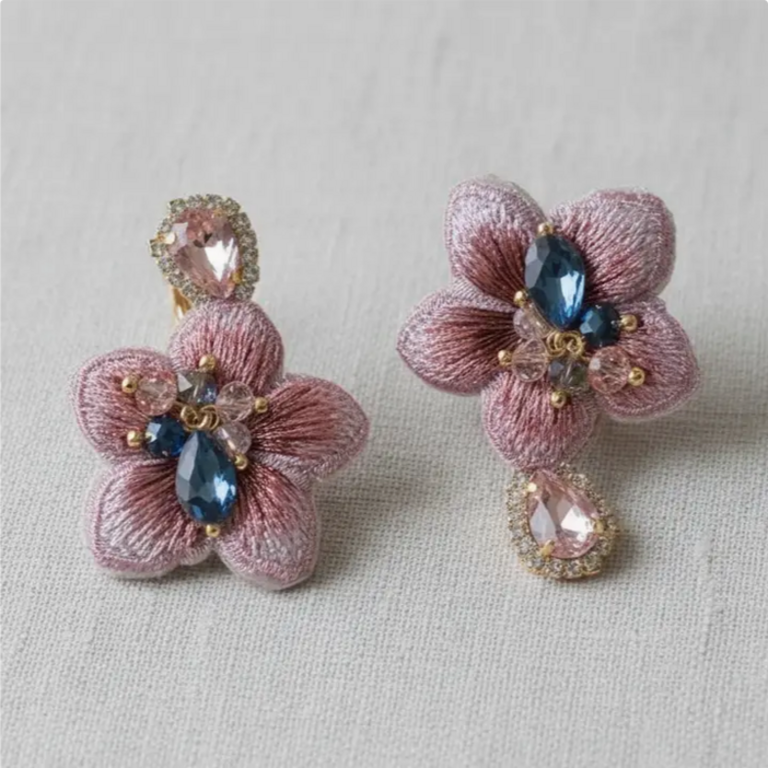Blue Suede Jewels Asymmetric Rhinestone Flower Earrings
