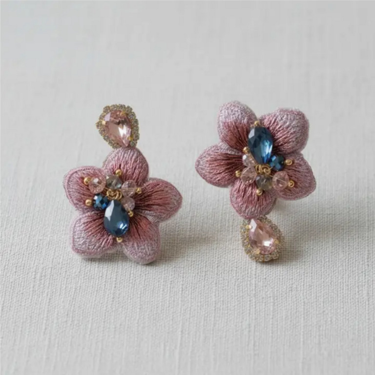 Blue Suede Jewels Asymmetric Rhinestone Flower Earrings