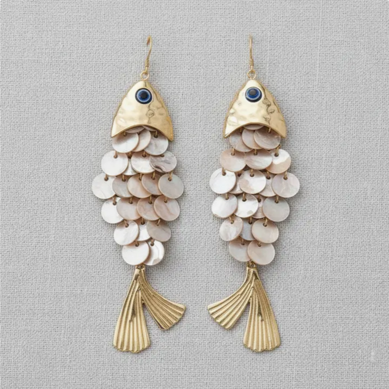 Blue Suede Jewels Shell Tassel Fish Earrings