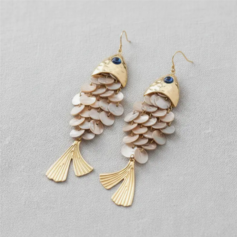 Blue Suede Jewels Shell Tassel Fish Earrings