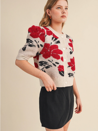 & Merci Floral Knit Short Puff Sleeve Sweater Cardigan