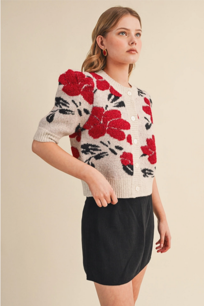 & Merci Floral Knit Short Puff Sleeve Sweater Cardigan