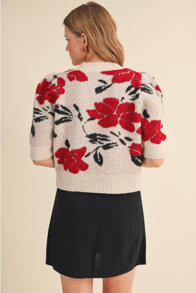 & Merci Floral Knit Short Puff Sleeve Sweater Cardigan