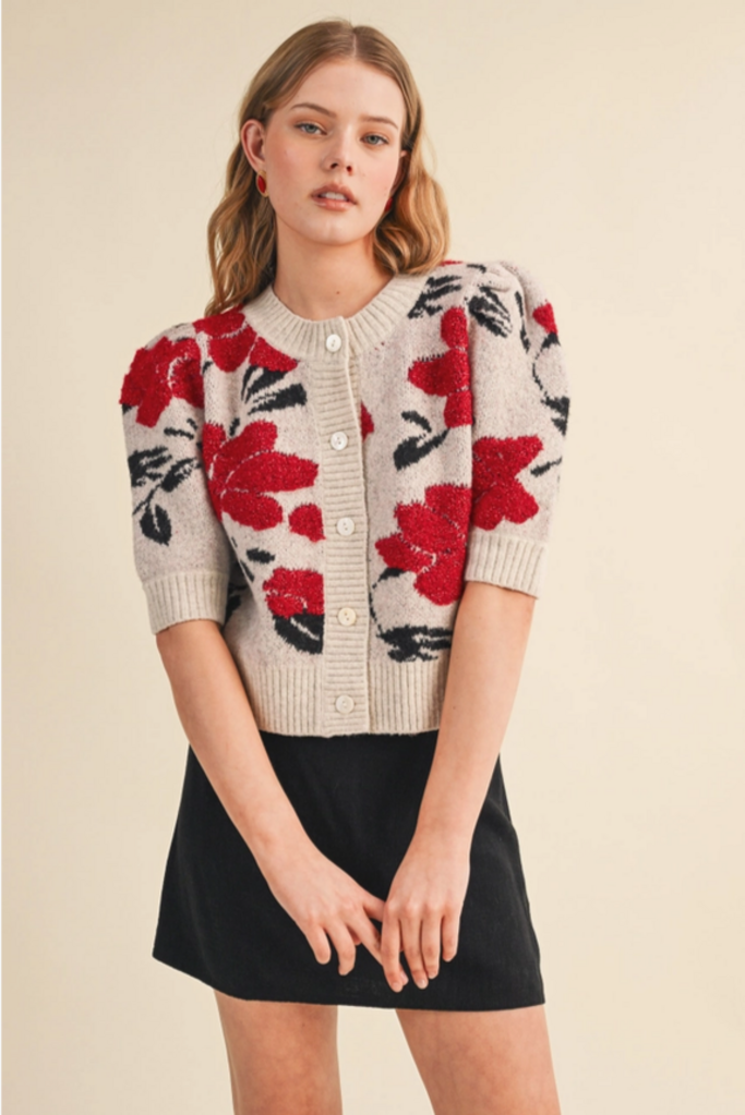 & Merci Floral Knit Short Puff Sleeve Sweater Cardigan