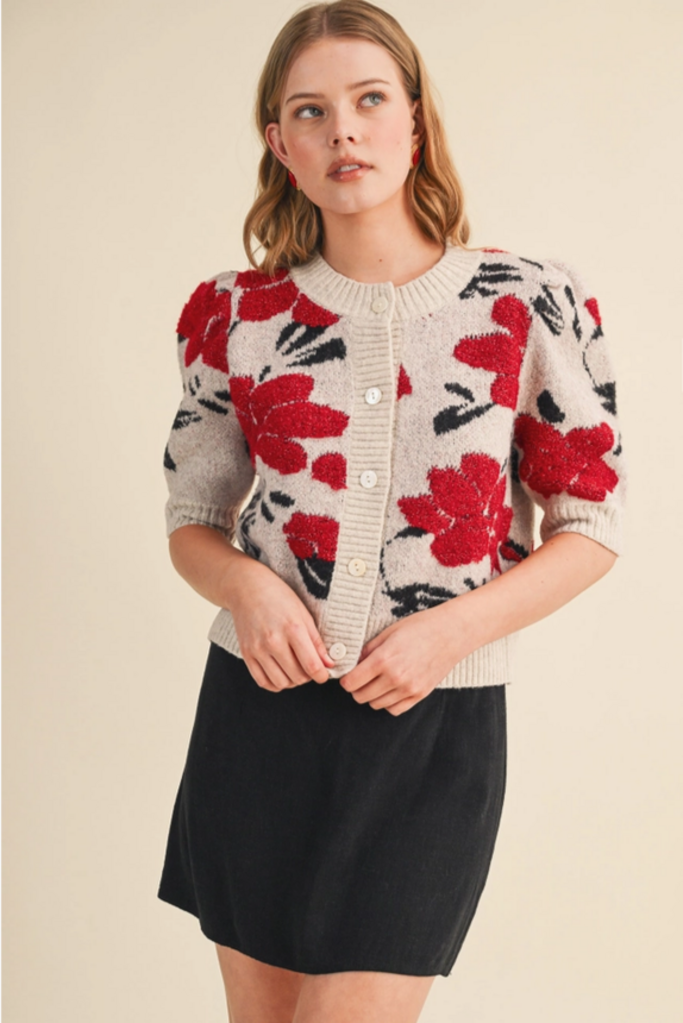 & Merci Floral Knit Short Puff Sleeve Sweater Cardigan