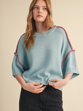 & Merci Short Sleeve Sweater with Stitch Trim