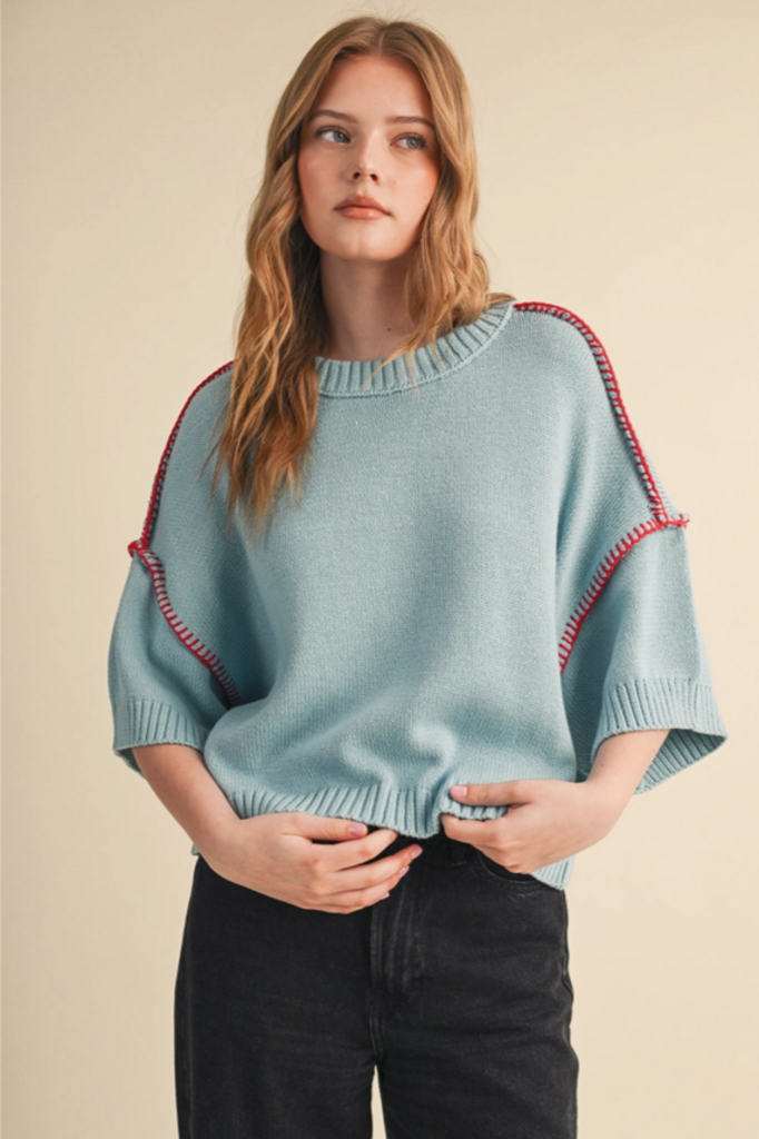 & Merci Short Sleeve Sweater with Stitch Trim